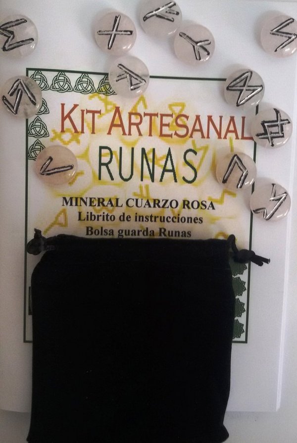 Kit Runas Artesanales Cuarzo Rosa, Bolsa y libro de instrucciones