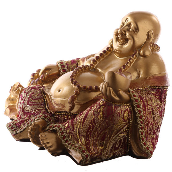 Buda Sentado con Saco de Dinero. Rojo y Dorado. 12cm