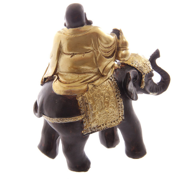 Figura Buda Sonriendo sobre Elefante, Marrón y Dorado. 10,5 cm