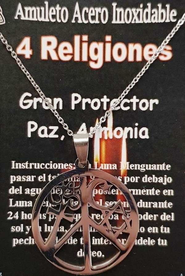 Talismán de Acero Inoxidable 4 Religiones 3,2cm Paz, Protección , Armonía.