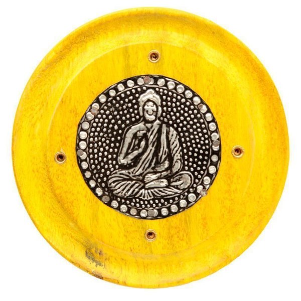 Quemador de Incienso Amarillo Redondo de Madera de Mango, Buda